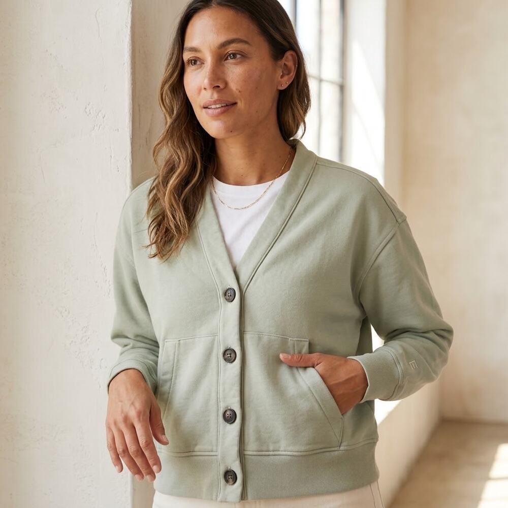 Everlane sage green The Organic Cotton Varsity Cardigan sweater front button XS